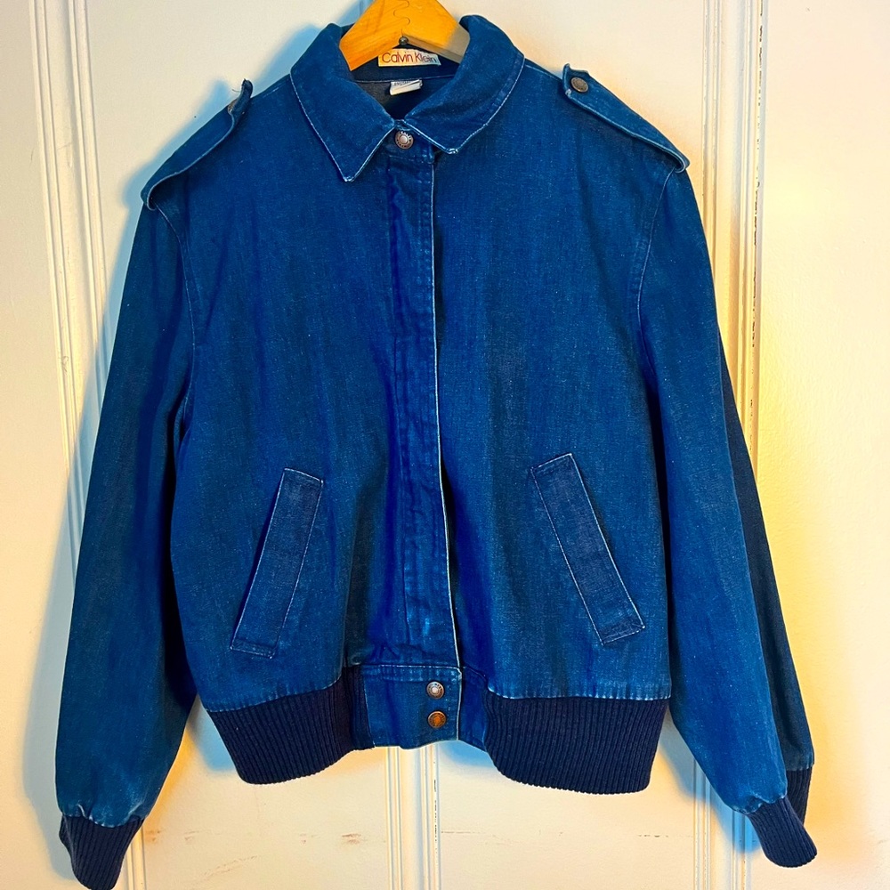 Calvin Klein Womens Bomber Jacket Dark Blue Denim Full Zip Vintage - Large